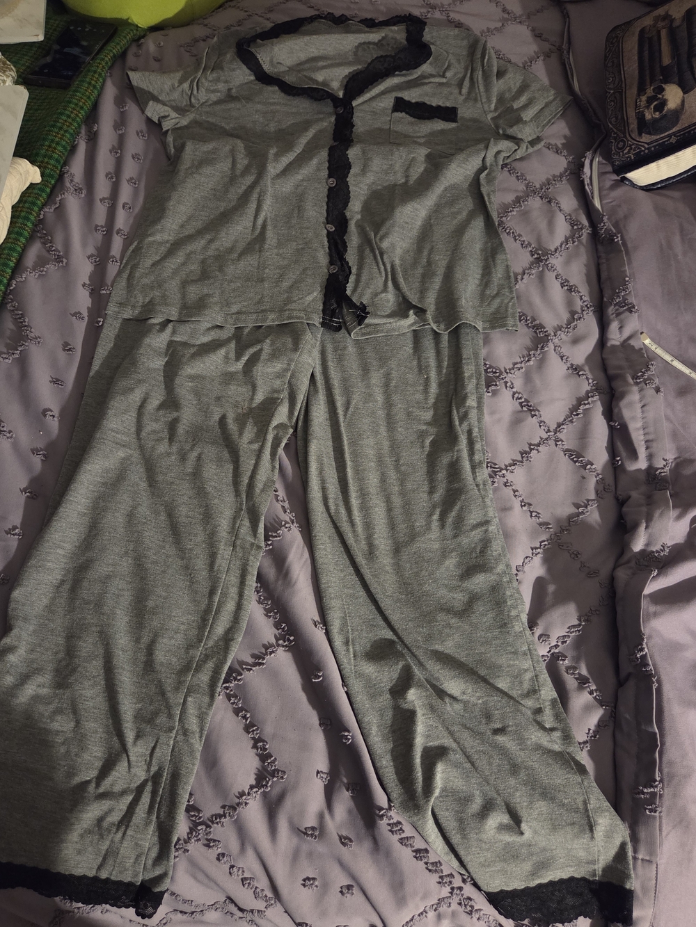 SHEIN Gray Pajama Set with Black Lace Trim